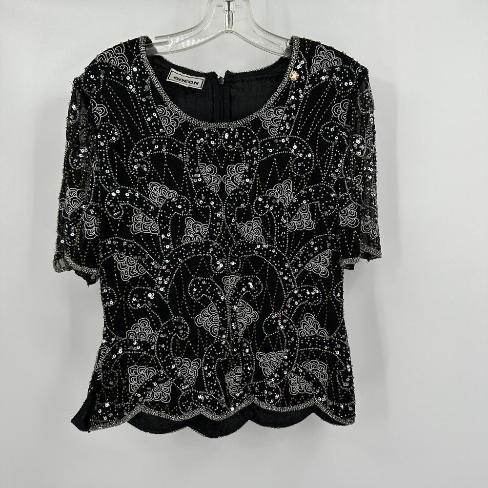 Odeon Women Sz 8 Beaded Sequin Evening Top Black Gatsby Art Deco Party Scalloped